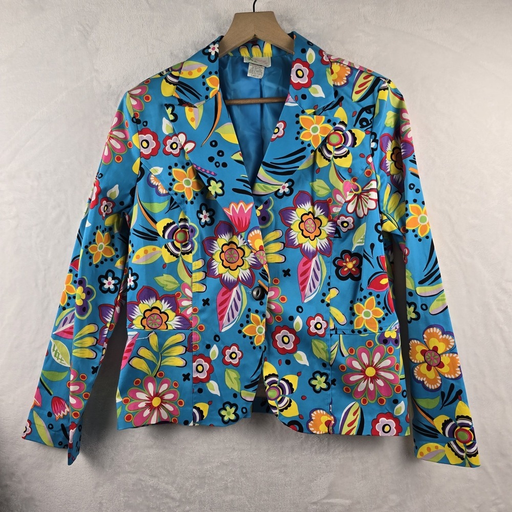 Bamboo Traders Colorful Floral Blazer Jacket Whimisical Artsy Retro Womens Large